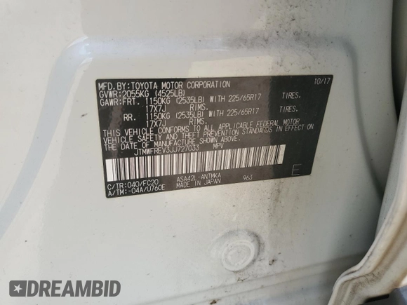 2018 Toyota RAV4 XLE with VIN JTMWFREV3JJ727033, listed as a Copart auction lot 59967025 with 145,990 mi miles and Clean title. Bid and sale history available at DreamBid. Image 12.
