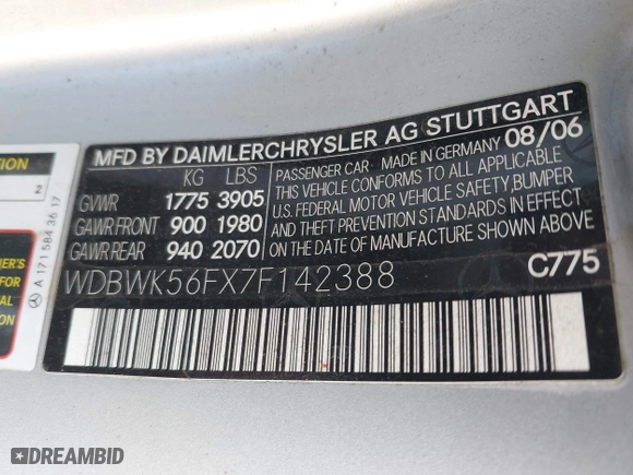 2007 Mercedes-Benz SLK-Class 3.5L with VIN WDBWK56FX7F142388, listed as a IAAI auction lot 42076577 with 77,856 mi miles. Bid and sale history available at carsss.com. Image 9.