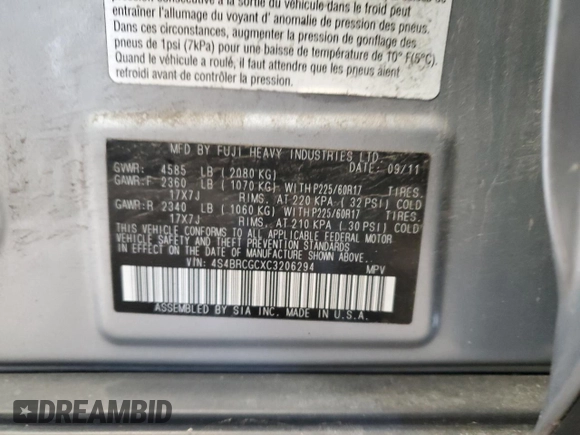 2012 Subaru Outback Prem с VIN 4S4BRCGCXC3206294, выставлен на аукционе Copart как лот 60794795 с пробегом 180 624 миль миль и На запчасти • Non repairable. История ставок и продаж доступна на DreamBid. Изображение 13.