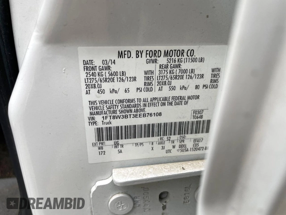 2014 Ford F-350 XLT with VIN 1FT8W3BT3EEB76108, listed as a Copart auction lot 63133865 with 261,799 mi miles and Clean title. Bid and sale history available at DreamBid. Image 10.