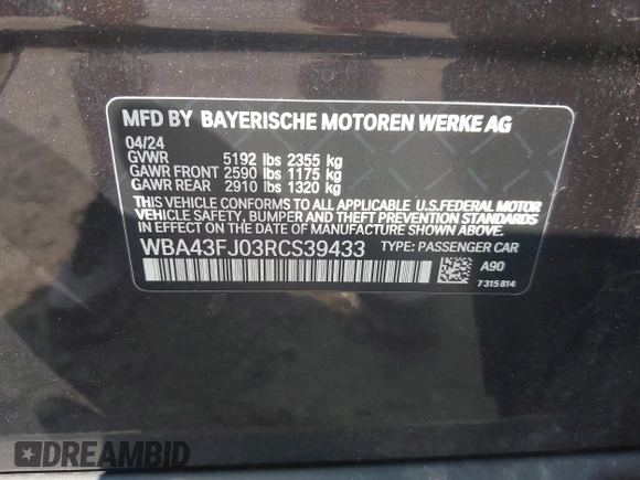 2024 BMW 5 Series 530i с VIN WBA43FJ03RCS39433, выставлен на аукционе IAAI как лот 42396985 с пробегом 2 327 миль миль и . История ставок и продаж доступна на DreamBid. Изображение 9.