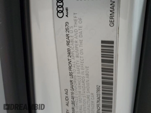 2019 Audi A5 Sportback Premium Plus с VIN WAUENCF57KA037892, выставлен на аукционе Copart как лот 59922355 с пробегом 55 179 миль миль и Списание • Salvage title. История ставок и продаж доступна на DreamBid. Изображение 13.