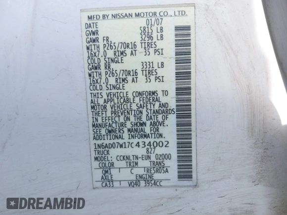 2007 Nissan Frontier Nismo with VIN 1N6AD07W17C434002, listed as a IAAI auction lot 42173461 with Not provided miles and . Bid and sale history available at DreamBid. Image 9.