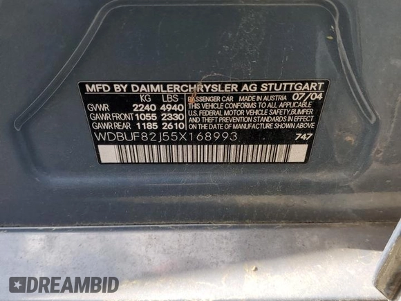 2005 Mercedes-Benz E 320 with VIN WDBUF82J55X168993, listed as a Copart auction lot 51930085 with 280,771 mi miles and Clean Title. Bid and sale history available at DreamBid. Image 12.