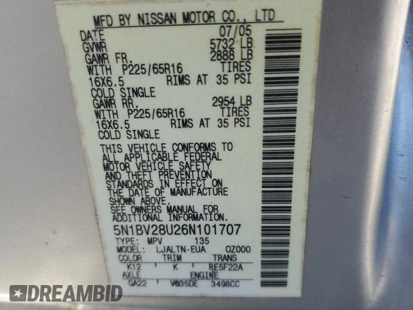2006 Nissan Quest S Special Edition z VIN 5N1BV28U26N101707, wystawiony jako Copart lot #46458975 z przebiegiem 133 150 mil mil oraz Szkoda całkowita • Salvage title. Historia ofert i sprzedaży dostępna na DreamBid. Obrazek 13.