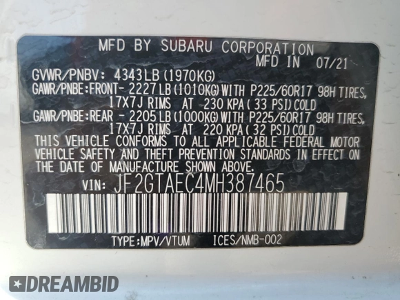 2021 Subaru Crosstrek Premium with VIN JF2GTAEC4MH387465, listed as a Copart auction lot 55343395 with 60,409 mi miles and Salvage title. Bid and sale history available at DreamBid. Image 12.