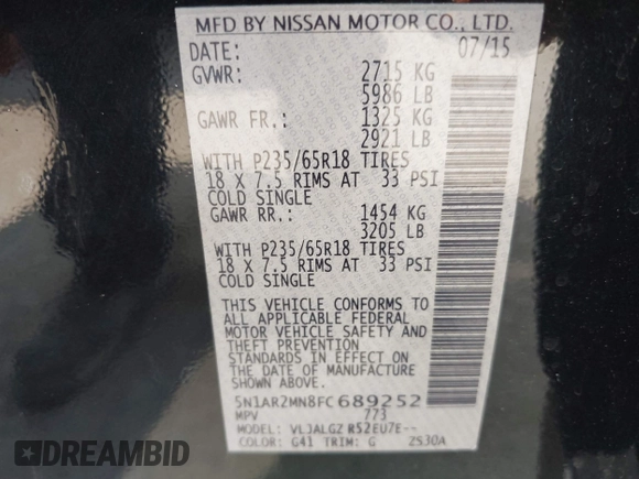 2015 Nissan Pathfinder SV with VIN 5N1AR2MN8FC689252, listed as a IAAI auction lot 42409596 with 165,825 mi miles and . Bid and sale history available at DreamBid. Image 9.