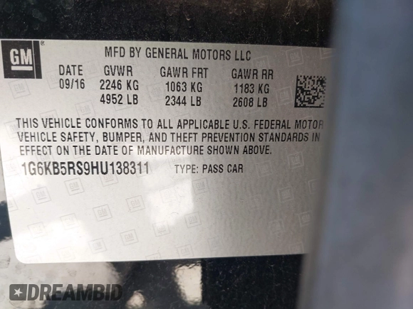 2017 Cadillac CT6 AWD с VIN 1G6KB5RS9HU138311, выставлен на аукционе IAAI как лот 42226463 с пробегом 88 129 миль миль и . История ставок и продаж доступна на DreamBid. Изображение 9.