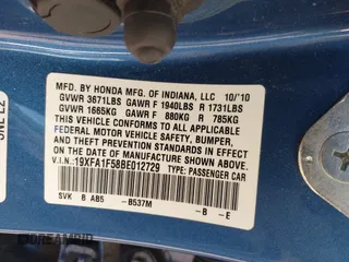 2011 Honda Civic LX with VIN 19XFA1F58BE012729, listed as a IAAI auction lot 41452667 with 100,921 mi miles and . Bid and sale history available at DreamBid. Image 9.