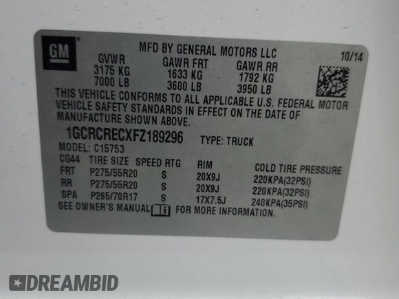 2015 Chevrolet Silverado 1500 LT with VIN 1GCRCRECXFZ189296, listed as a Copart auction lot 47300205 with 166,096 mi miles and Salvage Title. Bid and sale history available at carsss.com. Image 14.