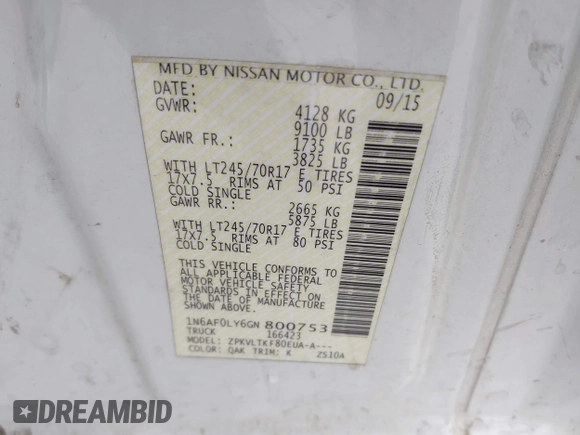 2016 Nissan NV Cargo SV with VIN 1N6AF0LY6GN800753, listed as a IAAI auction lot 42027772 with 214,961 mi miles and . Bid and sale history available at DreamBid. Image 9.