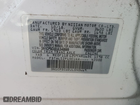 2018 Nissan Kicks SV с VIN 3N1CP5CU2JL540669, выставлен на аукционе Copart как лот 58874115 с пробегом Не указан миль и На запчасти • Non repairable. История ставок и продаж доступна на DreamBid. Изображение 12.