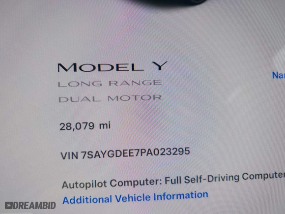 2023 Tesla Model Y Long Range with VIN 7SAYGDEE7PA023295, listed as a IAAI auction lot 41773783 with 28,079 mi miles. Bid and sale history available at carsss.com. Image 7.