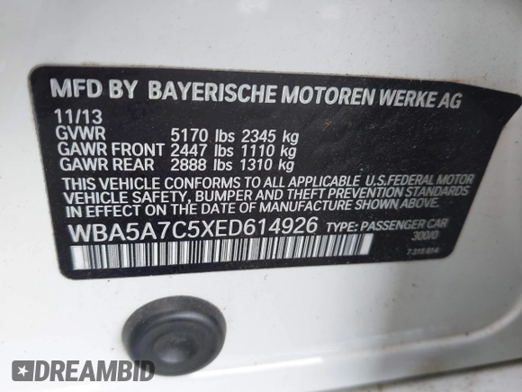 2014 BMW 5 Series 528i xDrive with VIN WBA5A7C5XED614926, listed as a IAAI auction lot 41535739 with 187,586 mi miles and . Bid and sale history available at DreamBid. Image 9.