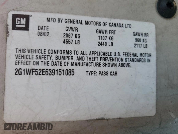 2003 Chevrolet Impala with VIN 2G1WF52E639151085, listed as a Copart auction lot 54119065 with 259,676 mi miles and Salvage Title. Bid and sale history available at DreamBid. Image 12.