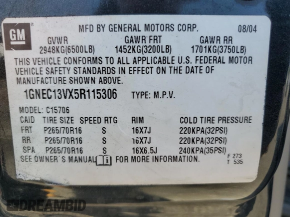 2005 Chevrolet Tahoe LS with VIN 1GNEC13VX5R115306, listed as a Copart auction lot 62836105 with 150,716 mi miles and Salvage title. Bid and sale history available at DreamBid. Image 13.