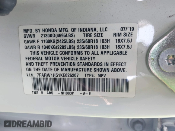 2019 Honda CR-V EX with VIN 7FARW1H51KE026207, listed as a IAAI auction lot 41998526 with 45,532 mi miles. Bid and sale history available at carsss.com. Image 9.