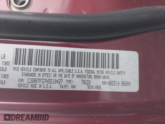 2017 Ram 1500 Express with VIN 1C6RR7FG7HS510427, listed as a IAAI auction lot 41354476 with 107,948 mi miles and . Bid and sale history available at carsss.com. Image 9.
