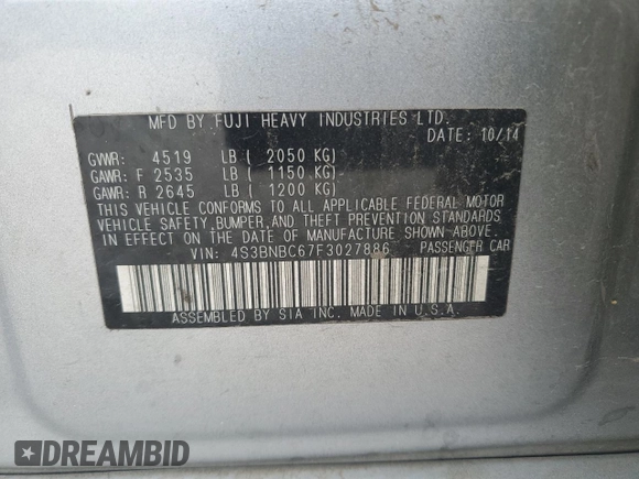 2015 Subaru Legacy Premium with VIN 4S3BNBC67F3027886, listed as a Copart auction lot 53534425 with 73,226 mi miles and Salvage title. Bid and sale history available at DreamBid. Image 14.