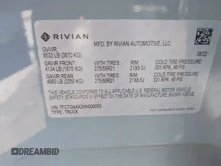 2022 Rivian R1T Adventure z VIN 7FCTGAAA2NN006053, wystawiony jako IAAI lot #41974199 z przebiegiem 286 mil mil oraz . Historia ofert i sprzedaży dostępna na DreamBid. Obrazek 9.