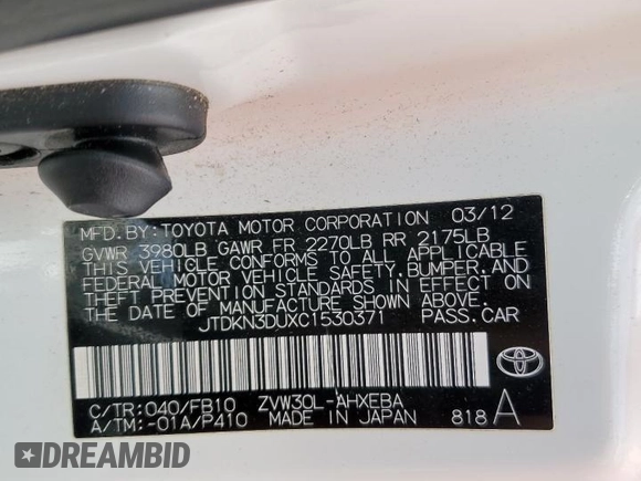 2012 Toyota Prius One z VIN JTDKN3DUXC1530371, wystawiony jako Copart lot #60174575 z przebiegiem 140 679 mil mil oraz Szkoda całkowita • Salvage title. Historia ofert i sprzedaży dostępna na DreamBid. Obrazek 12.