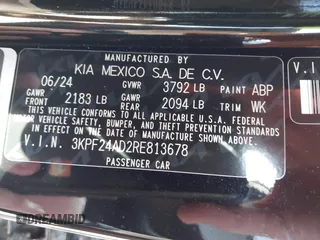 2024 Kia Forte LXS with VIN 3KPF24AD2RE813678, listed as a IAAI auction lot 41533170 with 8,576 mi miles. Bid and sale history available at carsss.com. Image 9.