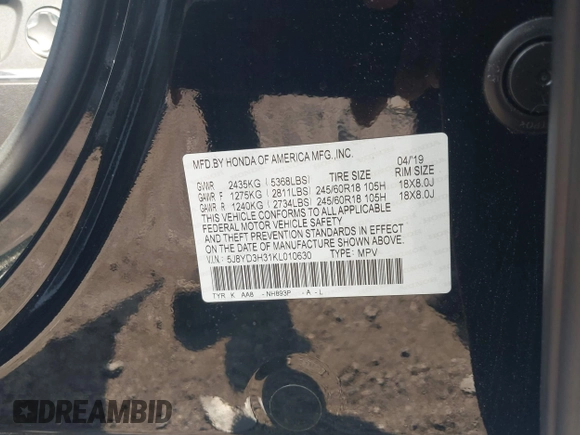 2019 Acura MDX with VIN 5J8YD3H31KL010630, listed as a IAAI auction lot 42450899 with Not provided miles and . Bid and sale history available at DreamBid. Image 9.