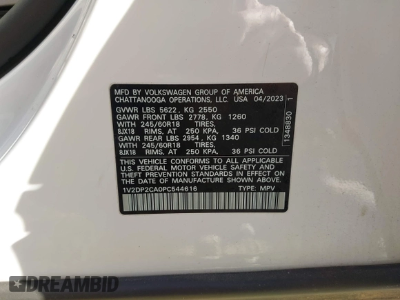 2023 Volkswagen Atlas SE with VIN 1V2DP2CA0PC544616, listed as a IAAI auction lot 41144129 with 23,099 mi miles and . Bid and sale history available at DreamBid. Image 9.