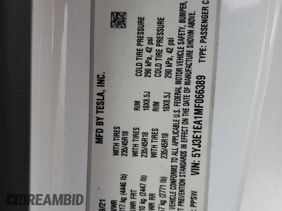 2021 Tesla Model 3 Standard Range Plus with VIN 5YJ3E1EA1MF066389, listed as a Copart auction lot 48053925 with 119,105 mi miles and Salvage Title. Bid and sale history available at carsss.com. Image 14.