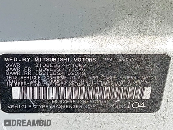 2017 Mitsubishi Mirage ES with VIN ML32F3FJXHHF08536, listed as a IAAI auction lot 42026950 with 91,610 mi miles and . Bid and sale history available at DreamBid. Image 9.