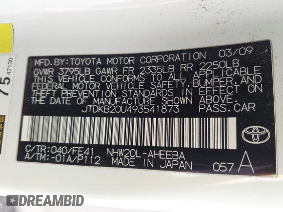 2009 Toyota Prius with VIN JTDKB20U493541873, listed as a IAAI auction lot 42020011 with 165,842 mi miles. Bid and sale history available at carsss.com. Image 9.
