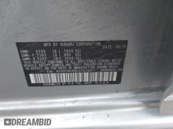 2019 Subaru Impreza Premium z VIN 4S3GTAD68K3761337, wystawiony jako IAAI lot #41921224 z przebiegiem 85 223 mil mil oraz . Historia ofert i sprzedaży dostępna na DreamBid. Obrazek 9.