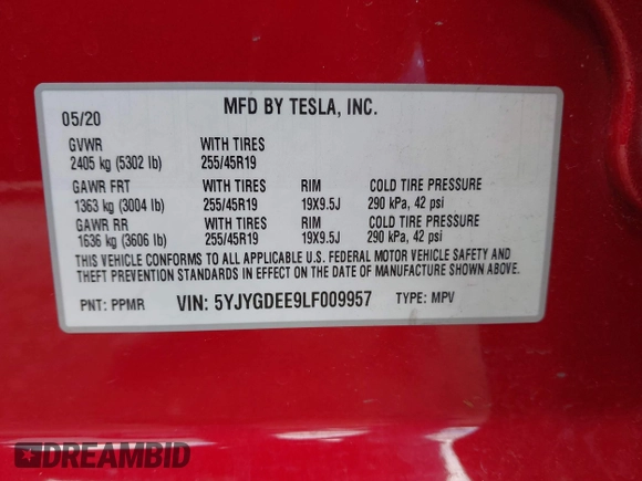 2020 Tesla Model Y Long Range with VIN 5YJYGDEE9LF009957, listed as a IAAI auction lot 41780248 with 31,053 mi miles and . Bid and sale history available at DreamBid. Image 9.