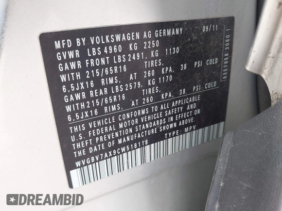 2012 Volkswagen Tiguan S with VIN WVGBV7AX9CW518118, listed as a IAAI auction lot 42080089 with 79,341 mi miles and . Bid and sale history available at DreamBid. Image 9.