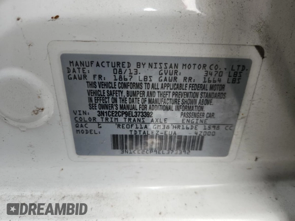 2014 Nissan Note S with VIN 3N1CE2CP9EL373392, listed as a Copart auction lot 62745545 with 82,647 mi miles and Clean title. Bid and sale history available at DreamBid. Image 14.