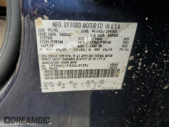 2002 Ford F-250 XL with VIN 1FTNW21F92ED31393, listed as a Copart auction lot 58253465 with 243,441 mi miles and Clean title. Bid and sale history available at DreamBid. Image 13.