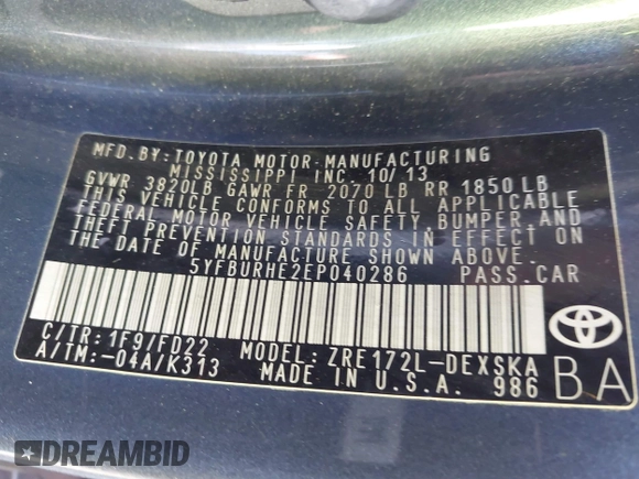 2014 Toyota Corolla L with VIN 5YFBURHE2EP040286, listed as a IAAI auction lot 41890115 with 154,584 mi miles and . Bid and sale history available at DreamBid. Image 9.