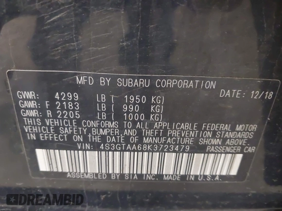 2019 Subaru Impreza with VIN 4S3GTAA68K3723479, listed as a IAAI auction lot 42501963 with 265,165 mi miles and . Bid and sale history available at DreamBid. Image 9.