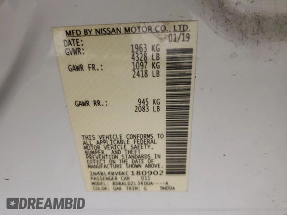 2019 Nissan Altima S with VIN 1N4BL4BV6KC180902, listed as a Copart auction lot 45063235 with 131,412 mi miles and Salvage Title. Bid and sale history available at DreamBid. Image 14.