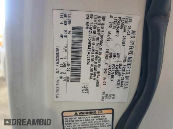 2004 Ford Explorer Limited with VIN 1FMZU75W04ZA03804, listed as a Copart auction lot 46825105 with 142,197 mi miles and Salvage title. Bid and sale history available at DreamBid. Image 15.
