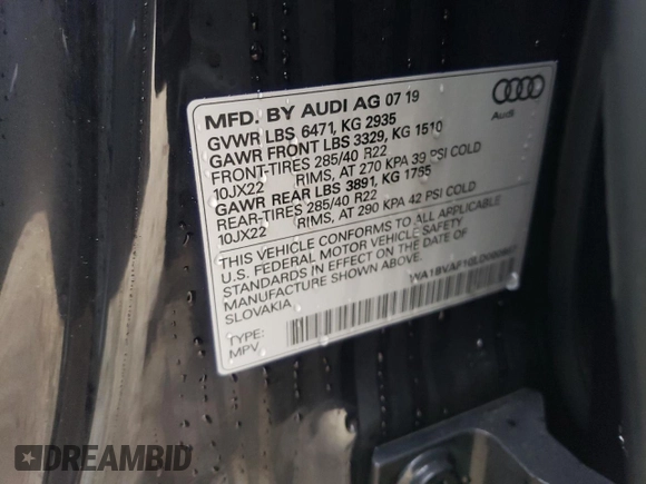 2020 Audi Q8 Premium Plus with VIN WA1BVAF10LD000667, listed as a Copart auction lot 43176355 with 71,253 mi miles and Salvage Title. Bid and sale history available at carsss.com. Image 13.