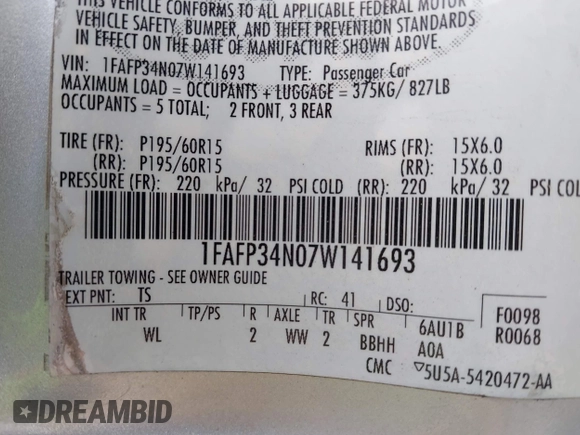2007 Ford Focus S with VIN 1FAFP34N07W141693, listed as a IAAI auction lot 42310938 with 150,489 mi miles and . Bid and sale history available at DreamBid. Image 9.
