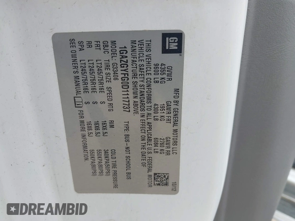 2013 Chevrolet Express Passenger 1LT with VIN 1GAZGYFG0D1117737, listed as a IAAI auction lot 42320524 with 103,968 mi miles and . Bid and sale history available at DreamBid. Image 9.