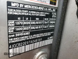 2007 Mercedes-Benz R 3.0L with VIN 4JGCB22E97A048169, listed as a Copart auction lot 83352944 with 232,611 mi miles and Salvage Title. Bid and sale history available at DreamBid. Image 14.