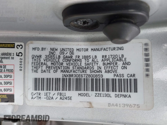 2007 Toyota Corolla CE with VIN 1NXBR30E67Z800859, listed as a IAAI auction lot 42047181 with 138,619 mi miles and . Bid and sale history available at DreamBid. Image 9.