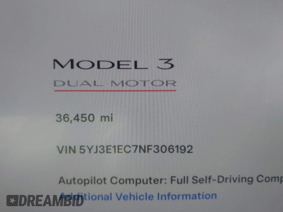 2022 Tesla Model 3 Performance with VIN 5YJ3E1EC7NF306192, listed as a IAAI auction lot 41453931 with 36,450 mi miles. Bid and sale history available at carsss.com. Image 14.