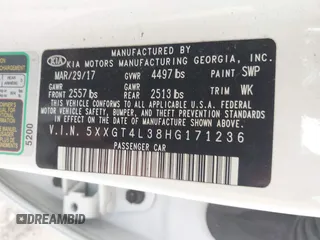 2017 Kia Optima LX z VIN 5XXGT4L38HG171236, wystawiony jako IAAI lot #42215406 z przebiegiem 83 107 mil mil oraz . Historia ofert i sprzedaży dostępna na DreamBid. Obrazek 9.