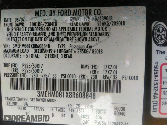 2008 Mercury Milan Premier with VIN 3MEHM081X8R608848, listed as a IAAI auction lot 42804879 with Not provided miles and . Bid and sale history available at DreamBid. Image 9.