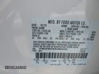 2025 Ford Explorer ST-Line with VIN 1FMUK8KH9SGB60445, listed as a IAAI auction lot 42087110 with 2,569 mi miles and . Bid and sale history available at DreamBid. Image 9.
