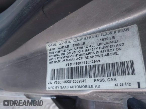 2001 Saab 9-3 z VIN YS3DF55K812052949, wystawiony jako IAAI lot #41059347 z przebiegiem 237 437 mil mil oraz . Historia ofert i sprzedaży dostępna na DreamBid. Obrazek 9.